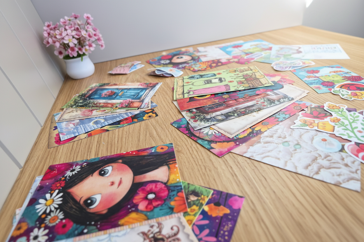 Colourful illustrated postcards and stickers on a wooden surface