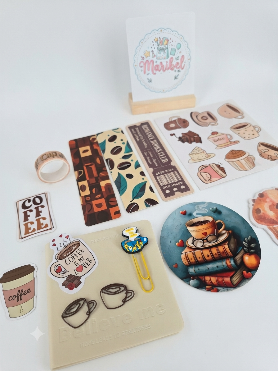 Flat lay of coffee stationery mystery box items on white background