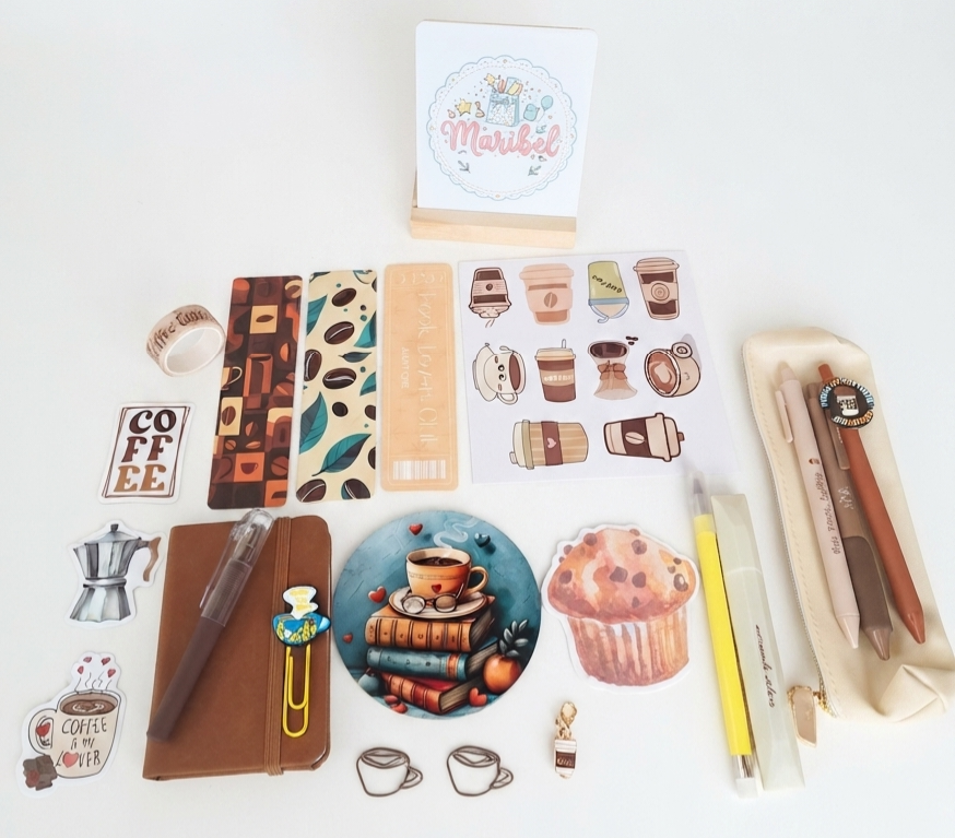 Full spread of coffee-themed stationery mystery box with Maribel branding